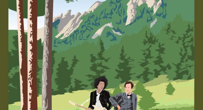 A MahlerFest poster depicting Gustav Mahler standing next to Jimi Hendrix in front of the Flatirons.