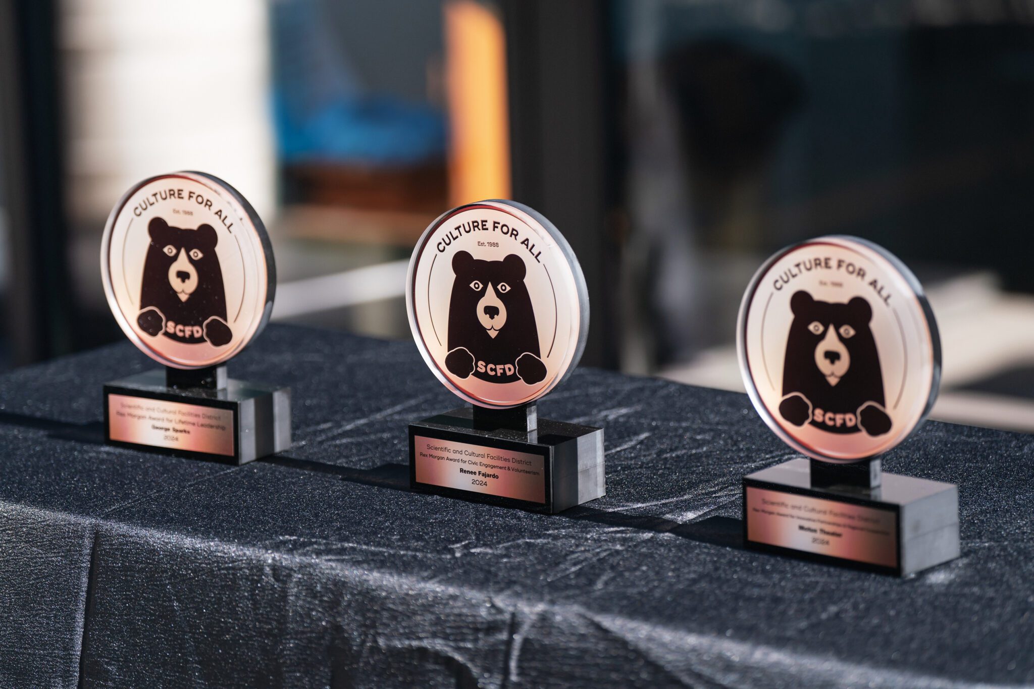 Three Rex Morgan Awards on a black table